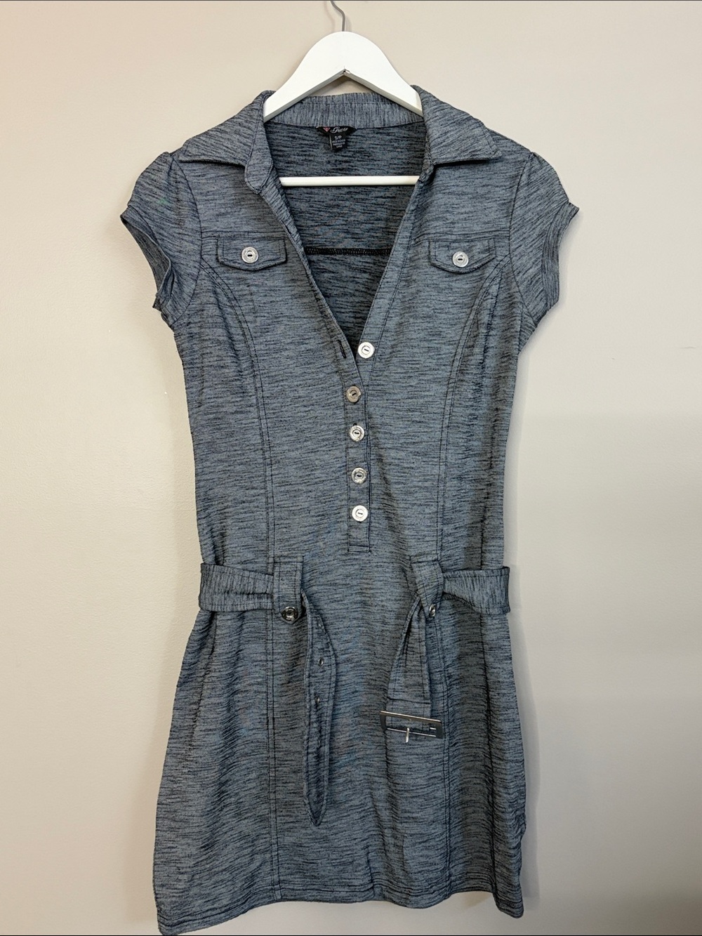 Guess Heathered Charcoal Button-Front Belted Mini Dress
